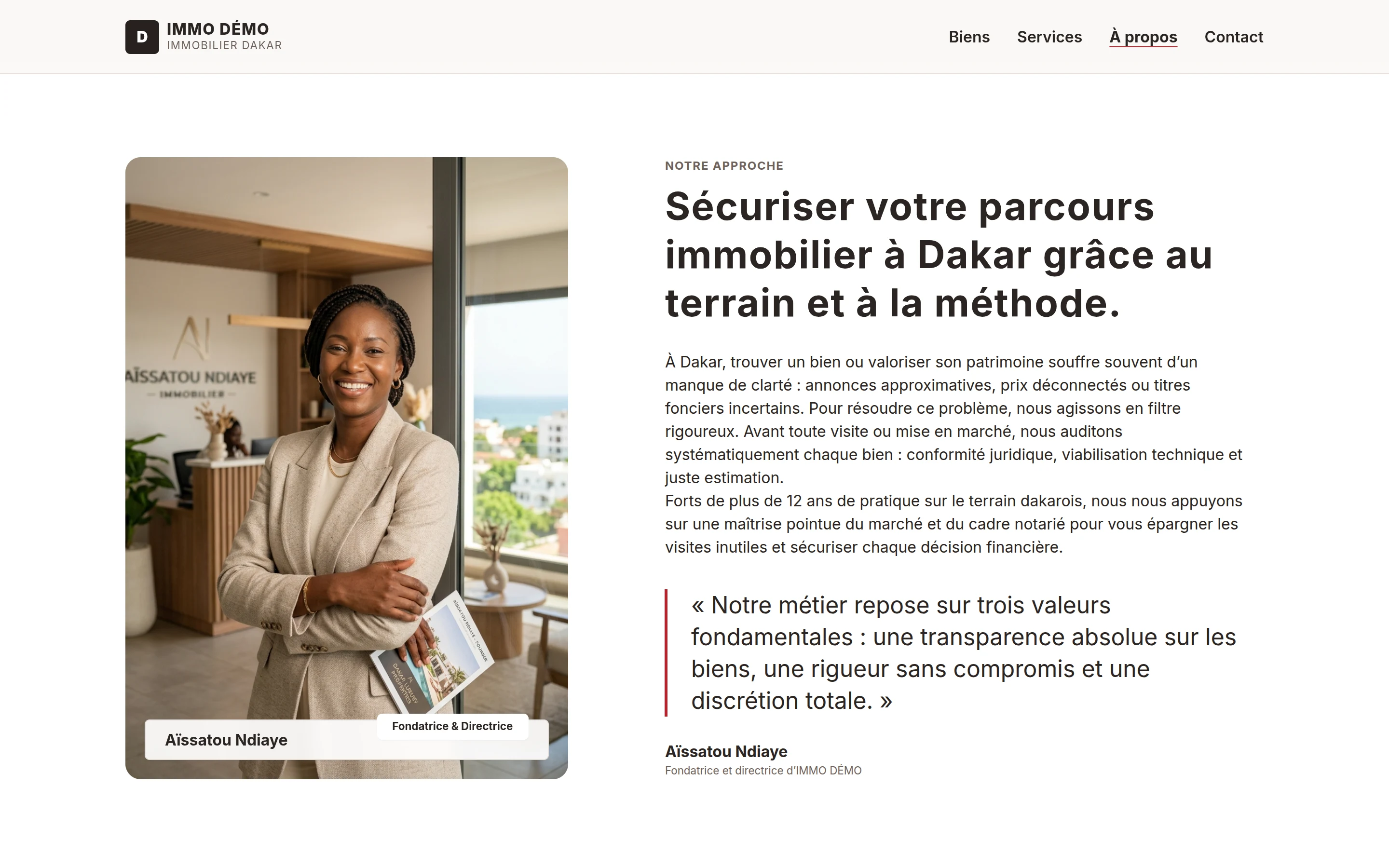 Page de présentation de l'agence immobilière, équipe et valeurs