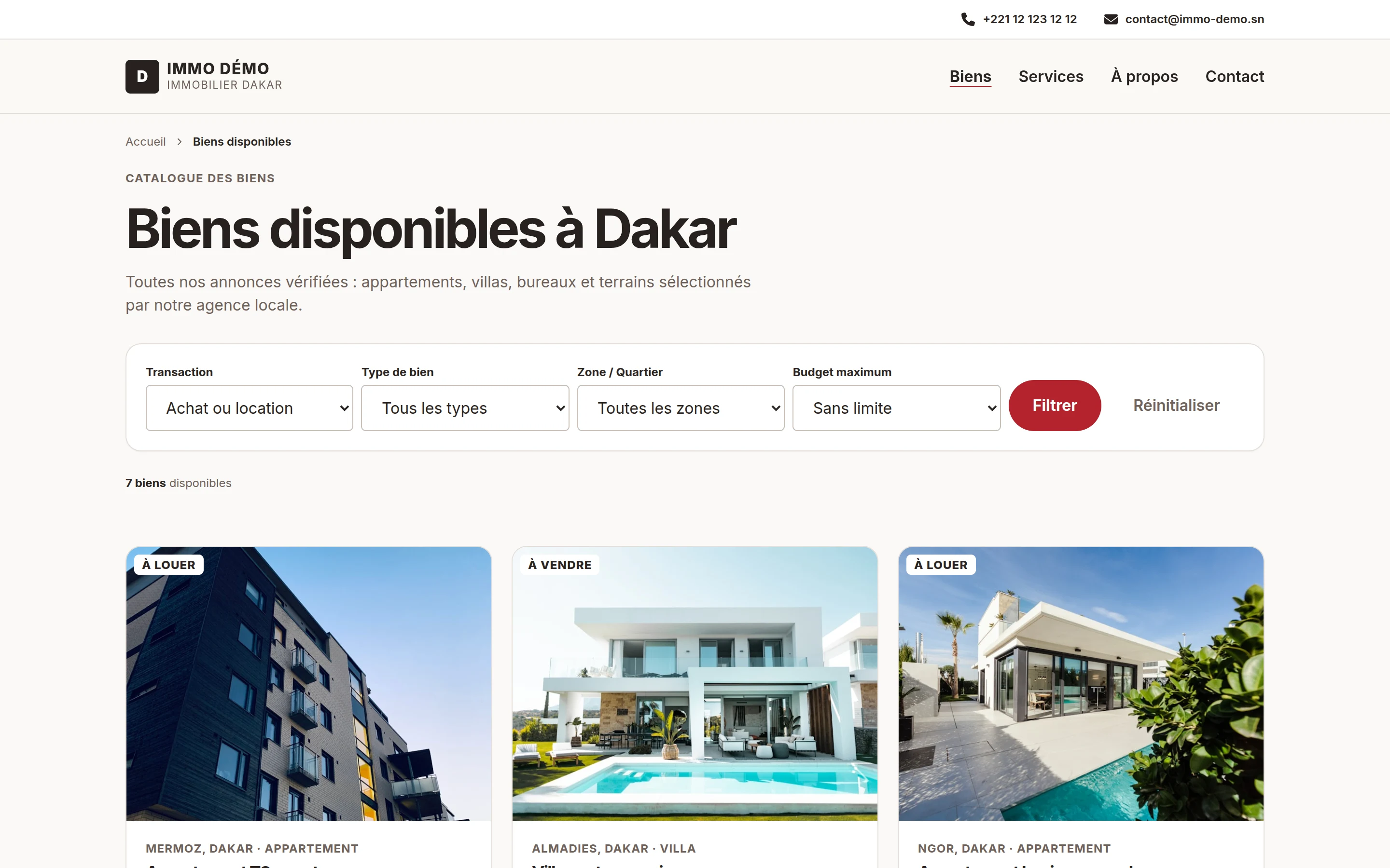 Catalogue d'annonces immobilières interactif avec filtres multicritères par typologie, zone géographique et budget