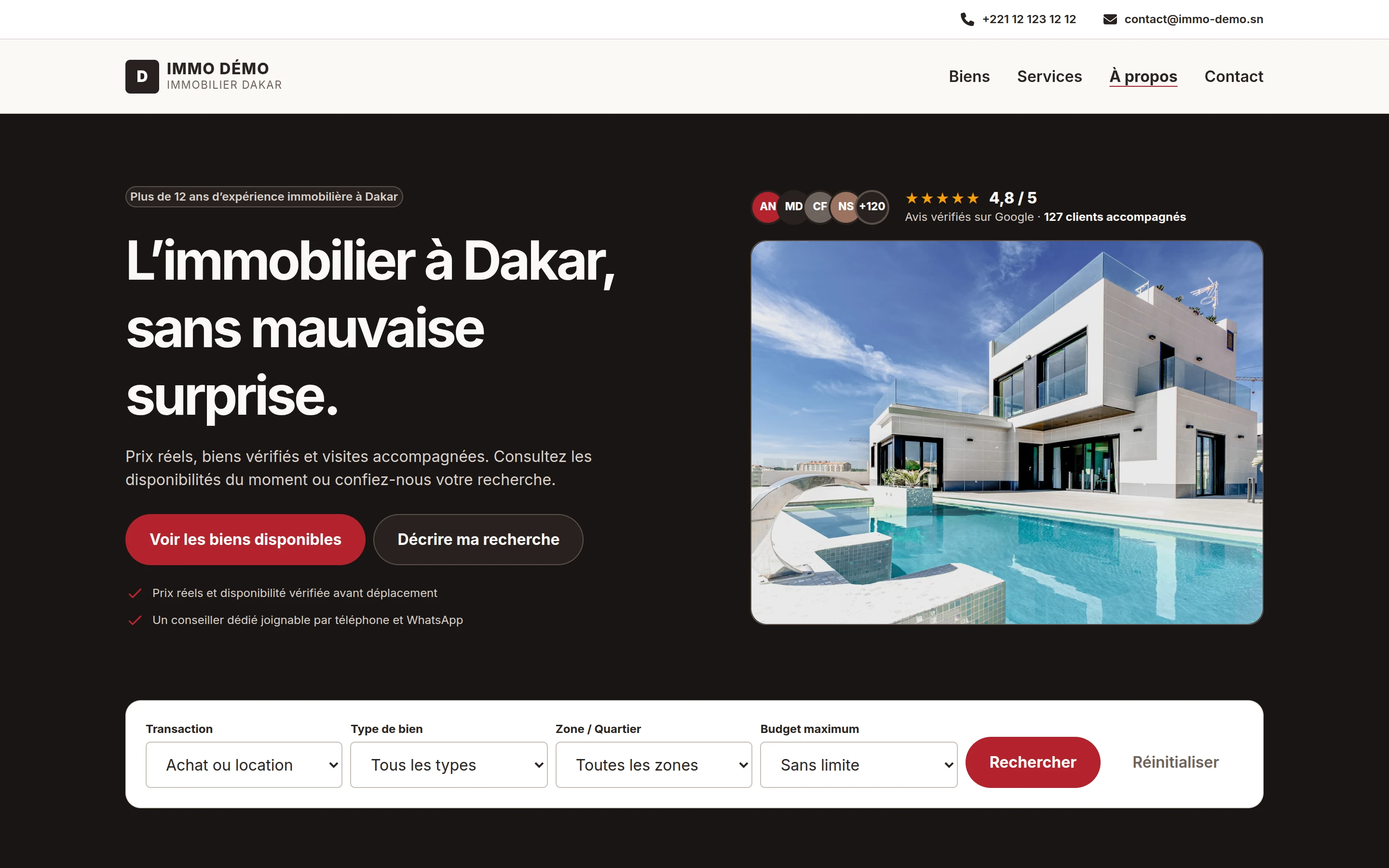 Page d'accueil du prototype immobilier mettant en avant l'agence, le catalogue et la recherche