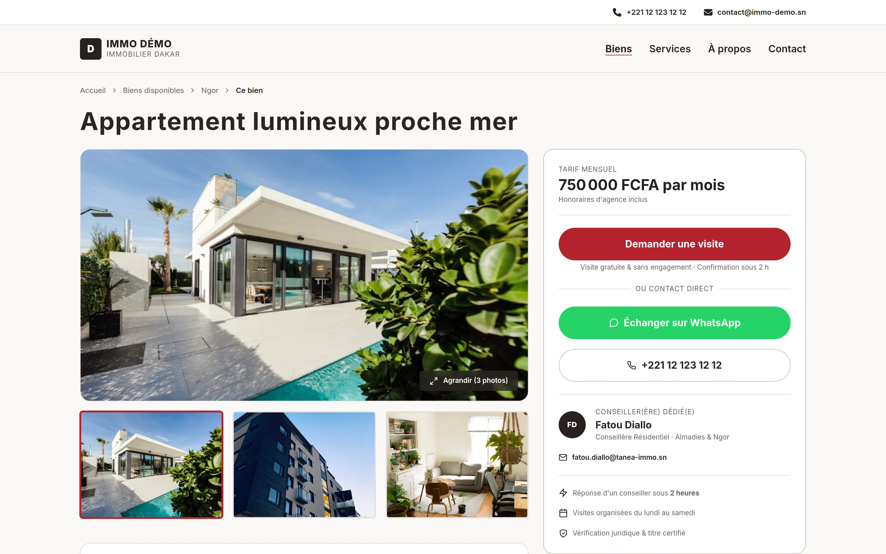 Fiche bien détaillée avec photos haute résolution et prise de contact immédiate