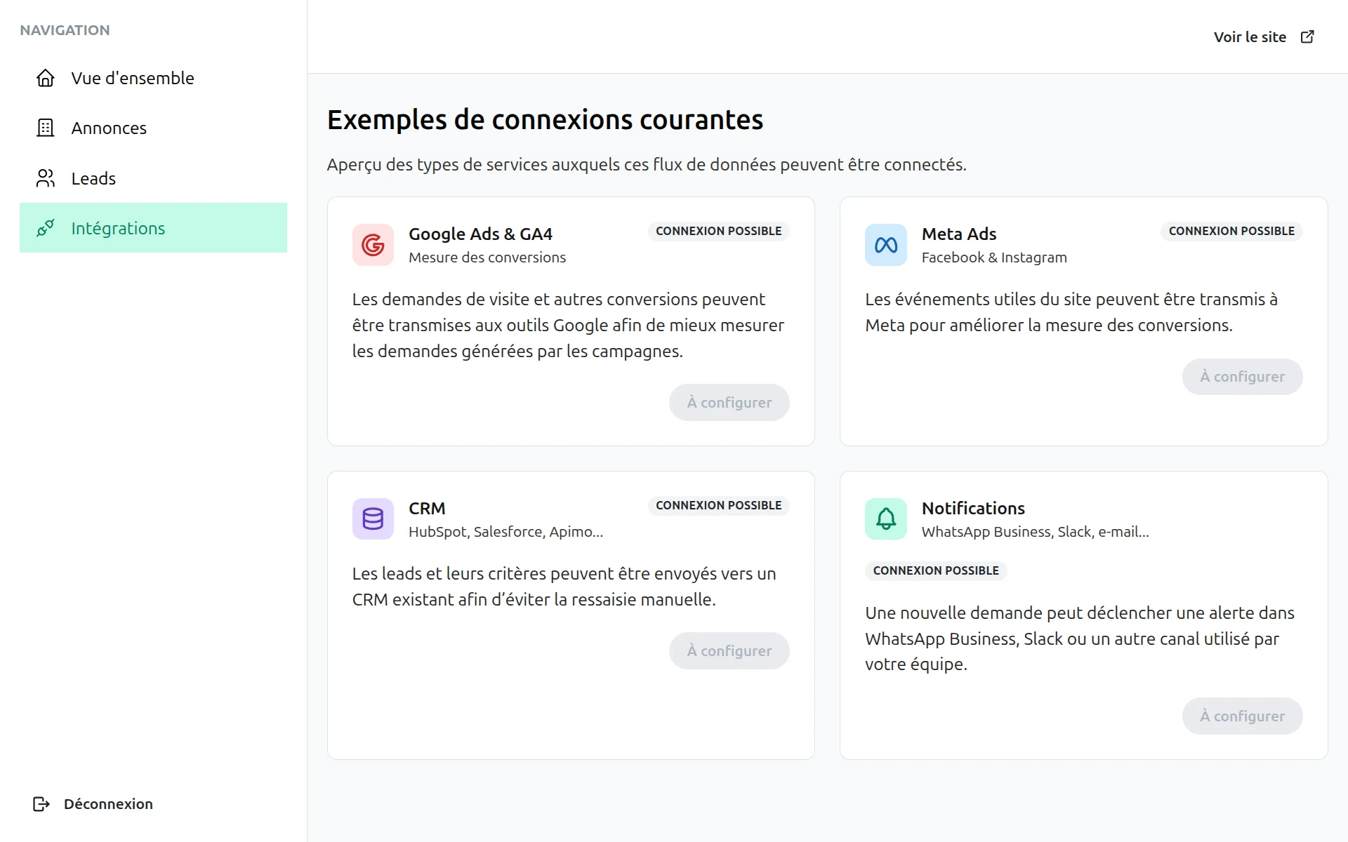 Aperçu des passerelles et flux d'intégration avec vos outils métier et marketing