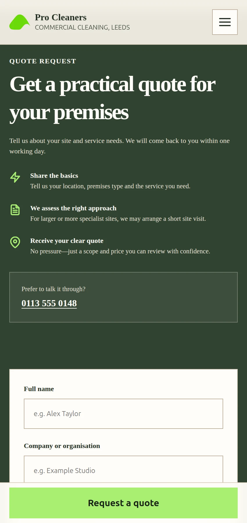 Aperçu mobile du formulaire de demande de devis présentant des champs simples et des options de contact direct