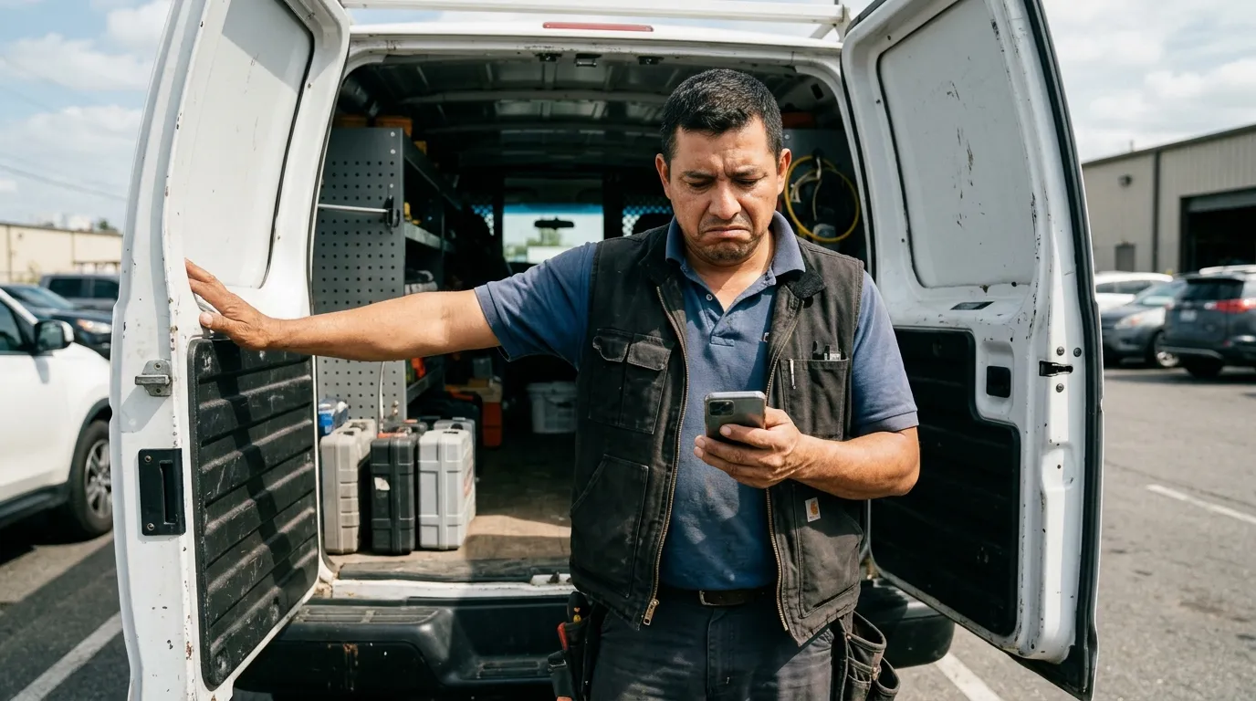 Un professionnel qualifié consulte les offres d'une entreprise sur son smartphone devant son utilitaire
