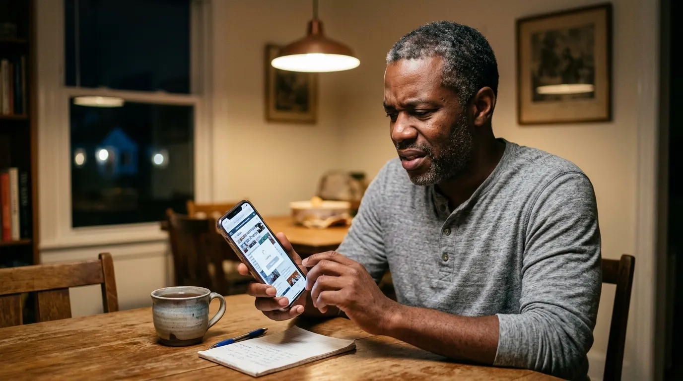 Un homme consulte sur son smartphone un site web en soirée après avoir vu une publication Facebook