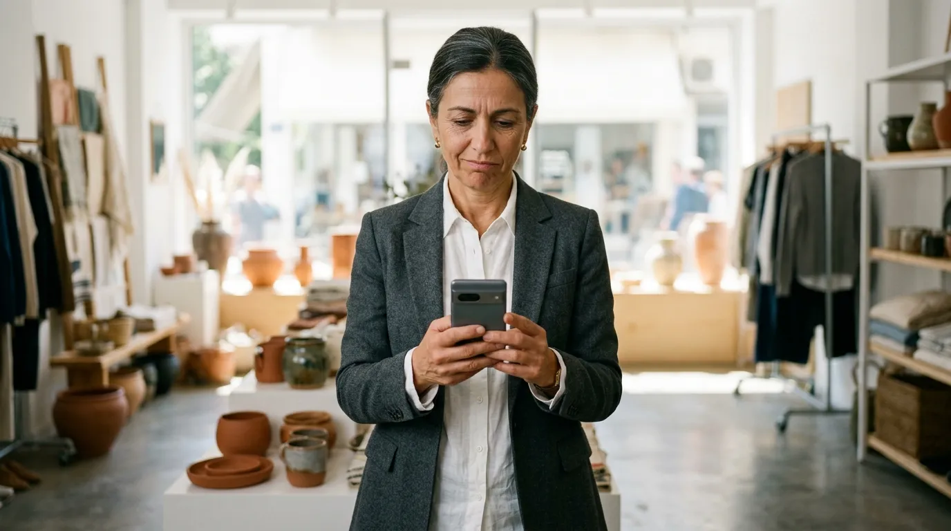 Une dirigeante d'entreprise consulte avec hésitation le site d'un prestataire recommandé sur son smartphone