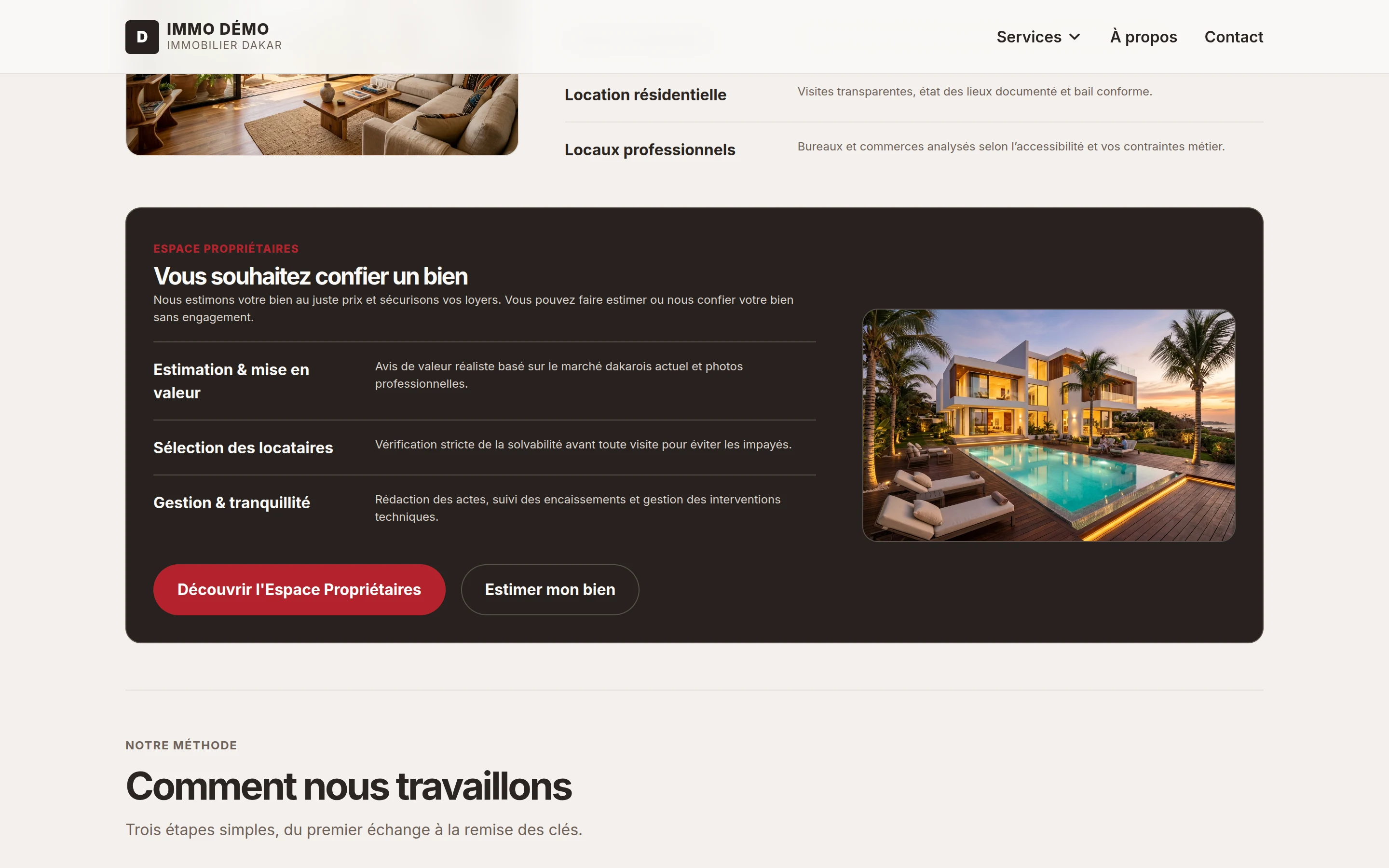Page dédiée aux propriétaires pour confier un bien à la vente, à la location ou faire estimer leur bien